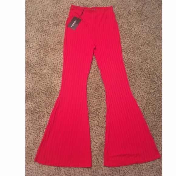 PrettyLittleThing Ribbed Jersey Flare Pants - Picture 1 of 2